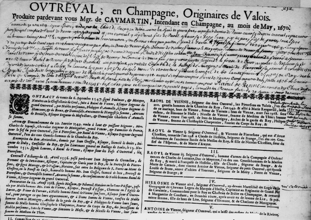 Preuves de noblesse des de Vienne devant l'intendant Caumartin