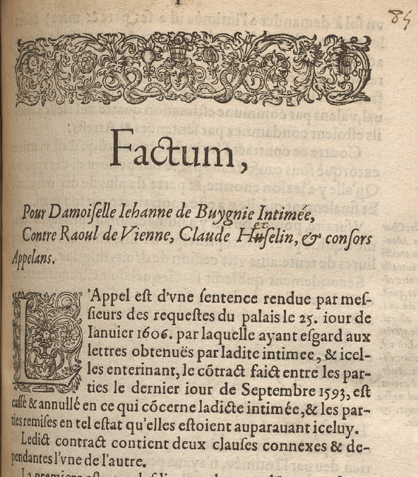 Factum pour demoiselle Jehanne de Buygnie